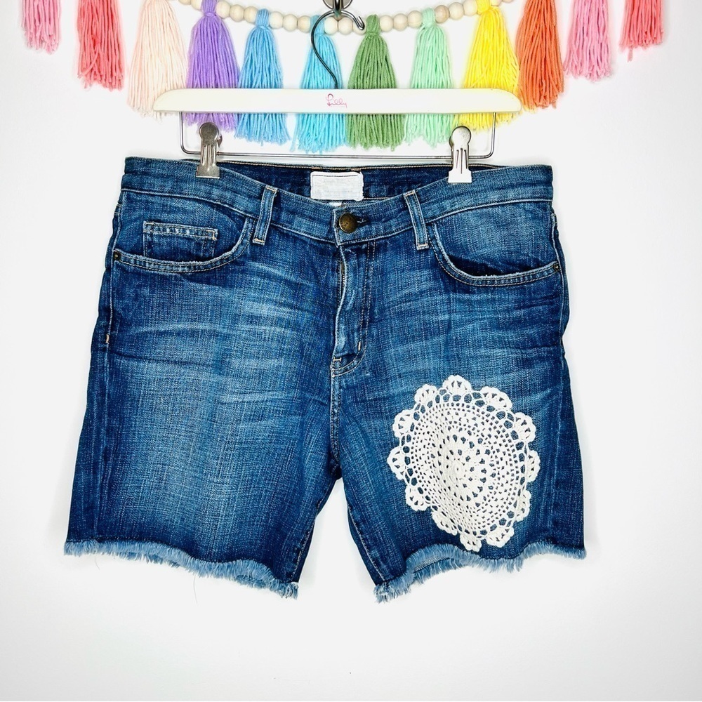 Current Elliot High Rise The Rolled Short Crochet Lace Denim Jean Shorts Frayed